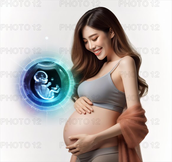 A pregnant young woman with the ultrasound image of her unborn baby in the womb, symbolic image pregnancy, embryo, foetus, desire to have children, AI generated, AI generated