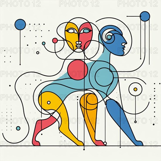 Colorful and abstract geometric representation of a monkey's face, continuous line art, creature is stylized and simplified to the most basic geometric forms, exaggerated features, adorned with splashes of primary colors, clean white solid background, with subtle geometric shapes and thin, straight lines that intersect with dotted nodes and overlap the figures. The overall aesthetic is modern and contemporary, AI generated