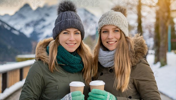 AI generated, human, humans, person, persons, woman, woman, 20, 25, years, two persons, outdoor, ice, snow, winter, seasons, drinks, drinking, cap, coffee, coffee to go, paper cup, bobble hat, gloves, winter jacket, cold, coldness