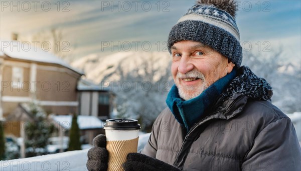AI generated, human, humans, person, persons, man, 65, years, senior, seniors, one person, outdoor, ice, snow, winter, seasons, drinks, drinking, coffee to go, coffee, coffee mug, cap, bobble hat, gloves, winter jacket, cold, coldness