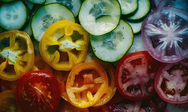 Colorful tomatoes and cucumbers top view. AI generated