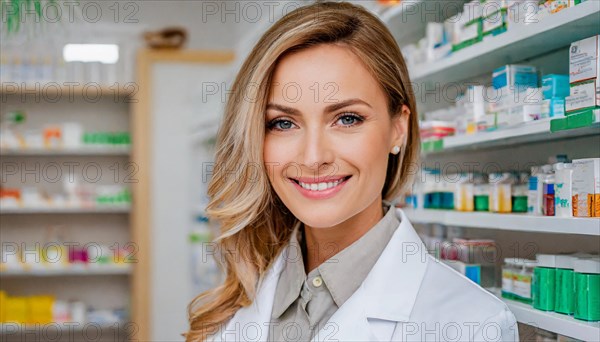 AI generated, A young pharmacist in her pharmacy, portrait, 30, 35, years, female, blonde, blond, blonde, beautiful teeth, smiles, long hair, profession, professions, medicines in the background