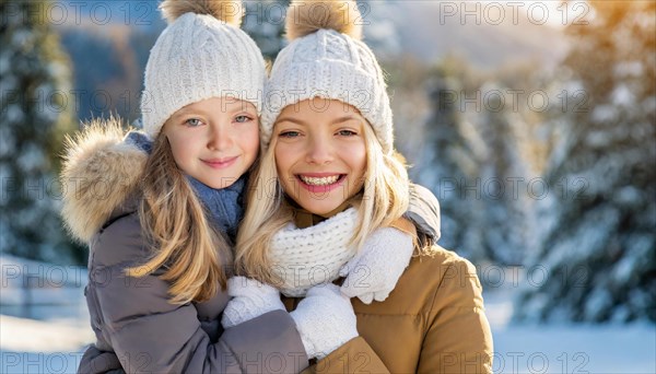 AI generated, human, humans, person, persons, woman, woman, child, children, two persons, mother and daughter hugging, embrace, looking forward to each other, enjoying the snow, laughing, smiling, outdoor shot, ice, snow, winter, seasons, cap, bobble hat, gloves, winter jacket, cold, coldness