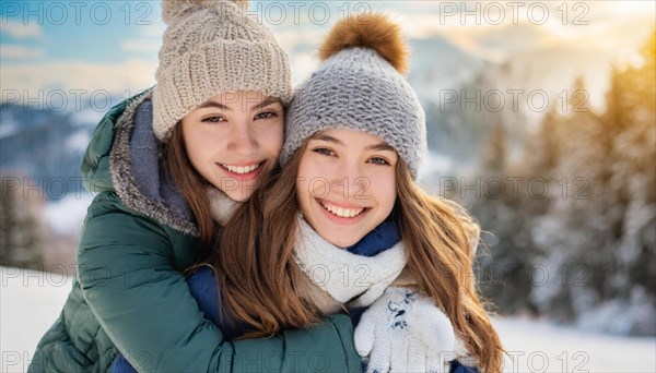 AI generated, human, humans, person, persons, woman, woman, child, children, two persons, mother and daughter hugging two friends, snow, laughing, smiling, outdoor, ice, winter, seasons, cap, bobble hat, gloves, winter jacket, cold, coldness, love, affection