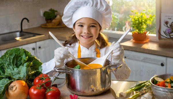 AI generated, human, humans, person, persons, child, children, 8 year old girl cooking a vegetable soup in a white kitchen, chef's hat, smock, cute, cute, cute, beautiful eyes, beautiful teeth, cook, cook, kitchen table, vegetables, onions, garlic