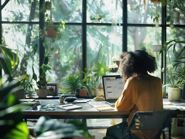 A woman works on a computer at a desk surrounded by lush green plants in a sunlit room, african american at office, AI generated