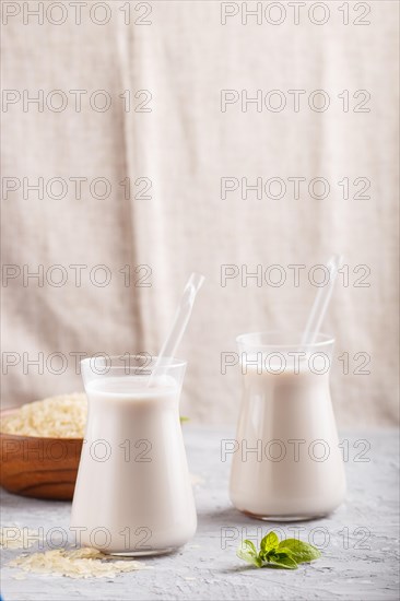 Organic non dairy rice milk in glass and wooden plate with rice seeds on a gray concrete background. Vegan healthy food concept, close up, side view, copy space