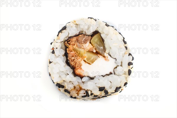 Japanese maki sushi rolls with salmon, sesame, cucumber isolated on white background. Top view, close up, selective focus