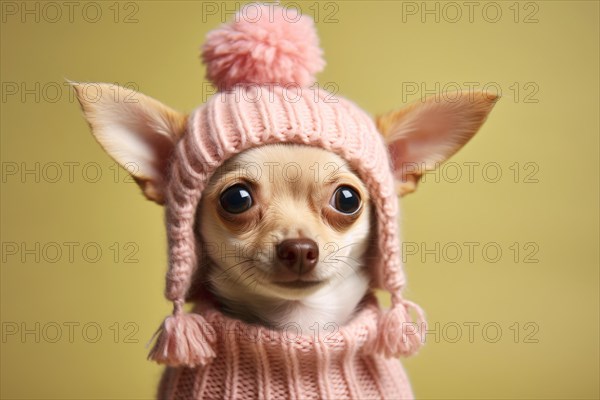Small Chihuahua dog with pink knitted winter hat on yellow background. KI generiert, generiert AI generated