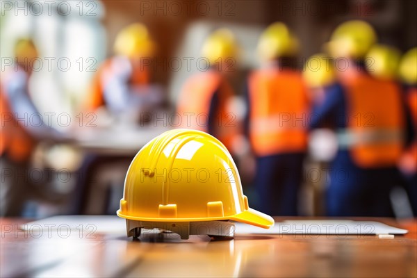 Close up of safety helmet on table with group of construction workers meeting in background. KI generiert, generiert AI generated
