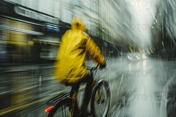 Blurred cyclist in yellow jacket moving through heavy rain in city traffic due to motion blur, AI generated, AI generated
