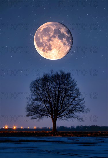 The full moon stands very large and bright between, in the star-studded night sky and illuminates a rural landscape with a single tree, AI generated, AI generated