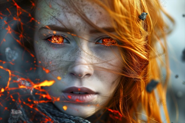Portrait of a woman with fiery red burning eyes looks as if she has just emerged from the hot lava, AI generated, AI generated
