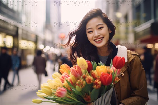 Young smiling Asian woman with large bouquet of tulip spring flowers in city street. KI generiert, generiert AI generated