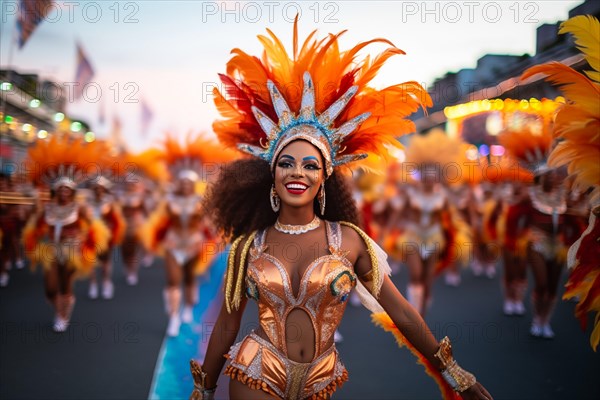 Captivating image capturing the essence of the Rio Carnival, showcasing a dancer adorned in an elaborate, vibrant costume, embodying the spirit and energy of this iconic festival, AI generated