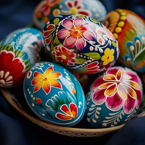 Easter celebration, featuring close up of a collection of brightly colored eggs, each intricately painted with various patterns and designs, placed in a wicker basket, AI generated