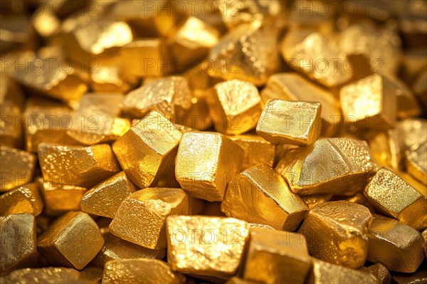 Pile of shiny glittering golden nuggets close up, AI generated