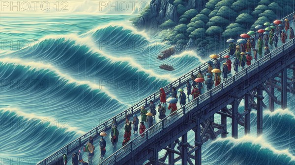 Dramatic art of crowd of people clutching umbrellas on a bridge with pounding waves below, AI generated