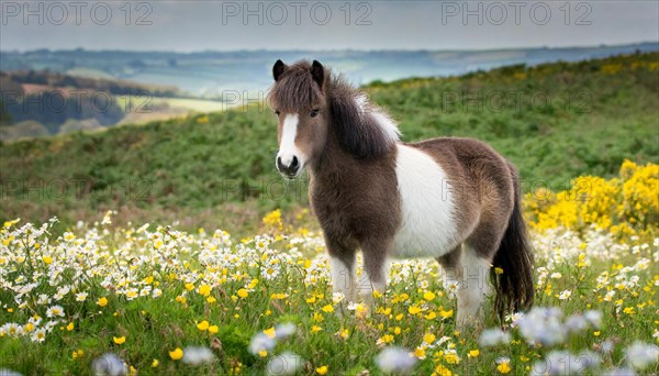 KI generated, animal, animals, mammal, mammals, biotope, habitat, one, individual animal, foraging, wildlife, meadow, pasture, Exmoor pony, horse, horses, ungulates, English pony breed, South West England, Exmoor, (Equus ferus caballus), foal, flower meadow