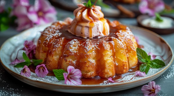 Malva pudding with drizzled icing and whipped cream on a dessert plate with flowers, ai generated, AI generated