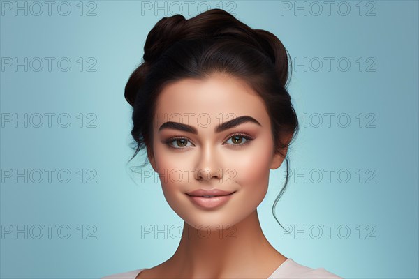 Beauty shot of young attractive woman with dark brunette hair in front of blue background. KI generiert, generiert AI generated