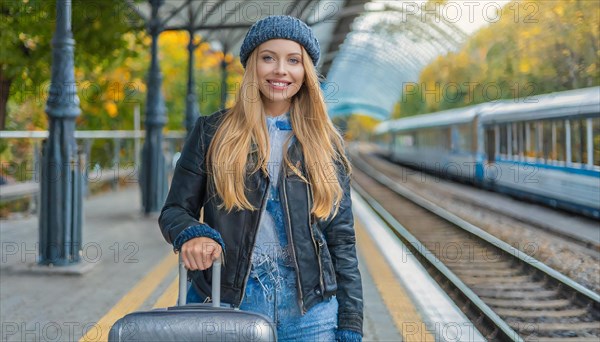AI generated, A young blonde woman wants to travel and waits for the train at the station, 20, 25, blonde, blond, blonde, modern, modern, aluminium suitcase, handbag, fur jacket, white, sneakers, shoes, sexy, attractive, attractive, long-haired, transport, traffic