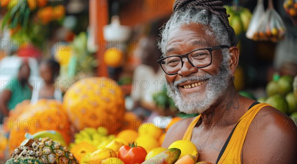 Cheerful elderly man with glasses and gray hair standing at a tropical fruit stand, ai generated, AI generated