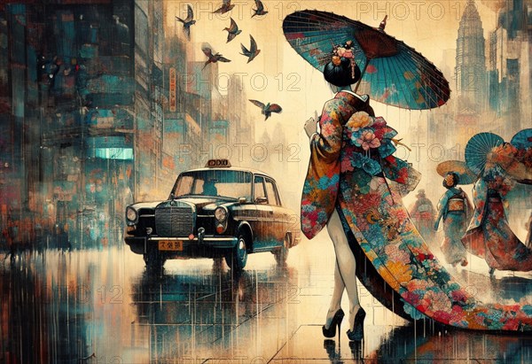 A geisha woman with long tail silky kimono dress with an umbrella waiting stopping past a vintage taxi cab car on a rainy city street with realistic reflections, japanese themed shunga art style based, AI Generated, AI generated
