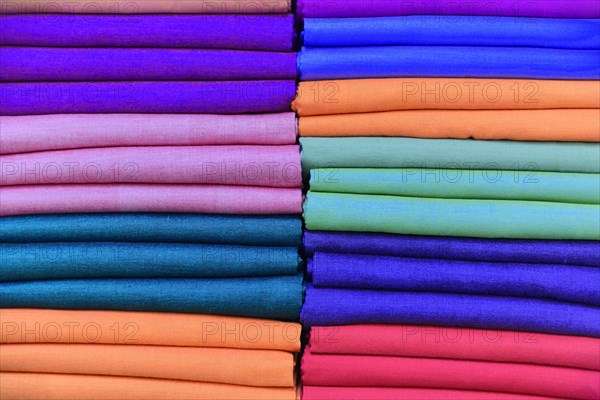 Colourful fabrics, weaving, Inle Lake, Myanmar, Asia