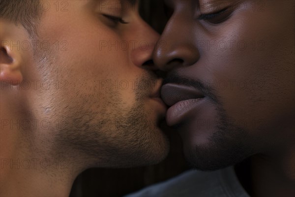 Close up of Caucasian and african american men kissing. Interrecial and homosexual concept. KI generiert, generiert AI generated