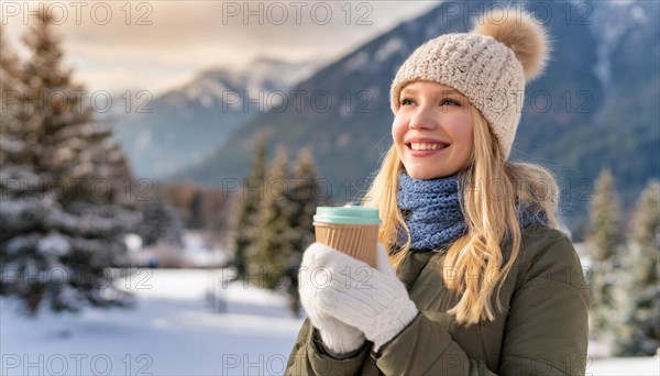 AI generated, human, humans, person, persons, woman, woman, one, coffee, coffee cup, coffee to go, outdoor, ice, snow, winter, seasons, drinks, drinking, cap, bobble hat, gloves, winter jacket, cold, cold weather