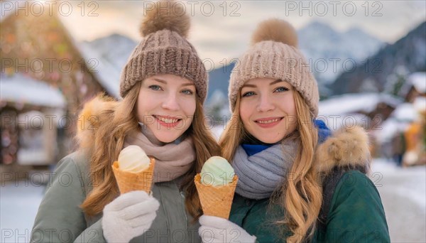 AI generated, human, humans, person, persons, woman, woman, two, 20, 25, years, outdoor, ice, snow, winter, seasons, eats, eating, ice cream, waffle ice cream, waffle, Italian ice cream, cap, bobble hat, gloves, winter jacket, cold, coldness