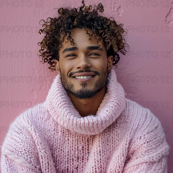 Portrait of a happy student standing in front of a colored background with a trendy sweater smiling, AI generated