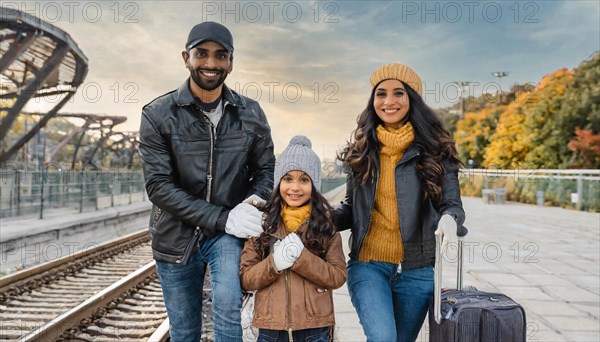 AI generated, A young family wants to travel and waits in the station for the train, 30, 35, years, blond, blonde, man, woman, knd, children, 10, 12, modern, modern, suitcase, handbag, winter jacket, white, sneakers, shoes, sexy, attractive, attractive, long-haired, transport, traffic, four people, family