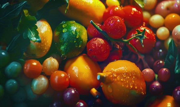 Tomatoes background. Top view of different varieties of tomatoes. Vegetables background. AI generated