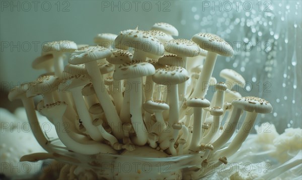 White Shimeji mushrooms, Shimeji mushroom, Shimeji mushroom. AI generated