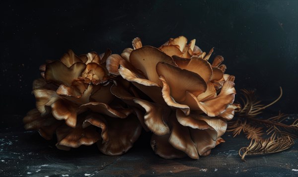 Mushroom Pleurotus ostreatus on dark background. AI generated