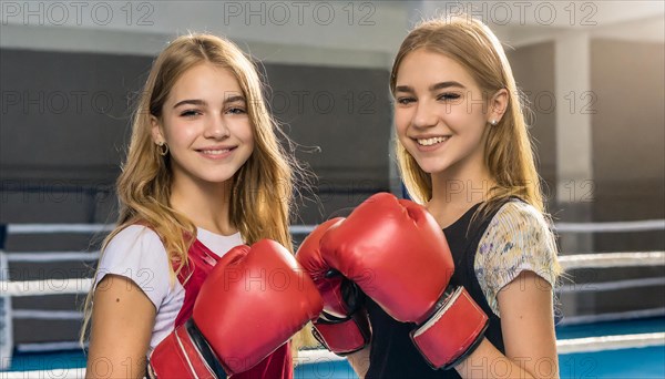 AI generated, girl, 15, years, Thai, Thai, sport, boxing, gloves, Thai boxing, Muay Thai, two people, portrait, athletic, fight, fighting, popular sport, Thai boxer, boxing, boxing ring, blond, blonde, blonde, European