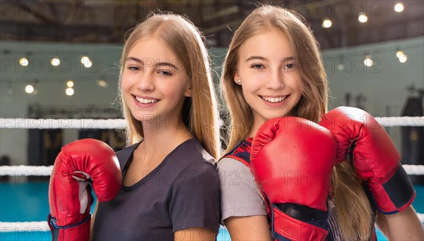 AI generated, girl, 15, years, Thai, Thai, sport, boxing, gloves, Thai boxing, Muay Thai, two people, portrait, athletic, fight, fighting, popular sport, Thai boxer, boxing, boxing ring, blond, blonde, blonde, European