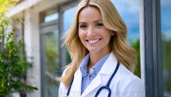 AI generated, A young pharmacist in her pharmacy, portrait, 30, 35, years, female, blonde, blond, blonde, beautiful teeth, smiles, long hair, profession, professions, medicines in the background