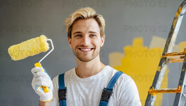 AI generated, man, men, a painter paints a wall with new yellow paint, father, renovation of old flat, paint roller, ladder, yellow, paint, 25, 30, years, a, person, occupation, occupations, leisure activity, family, smiles, smiling, fun at work, laughing, laughing, laughing, friend, partner, man