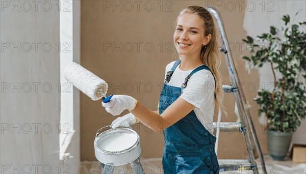 AI generated, woman, woman, a young girl paints a wall with new paint, white, whiter, white, renovation of old flat, paint roller, ladder, paint, 20, 25, years, a, a person, daughter, student, pastime, family, girl, smiling, smiling, fun at work, laughing, laughing, laughing, dungarees, jeans