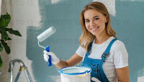 AI generated, woman, woman, a young girl paints a wall with new paint, white, whiter, white, renovation of old flat, paint roller, ladder, paint, 20, 25, years, a, a person, daughter, student, pastime, family, girl, smiling, smiling, fun at work, laughing, laughing, laughing, dungarees, jeans