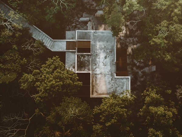 Aerial view of a secluded building among dense greenery in a forest setting, Playa del Carmen beach in Mexico, AI generated