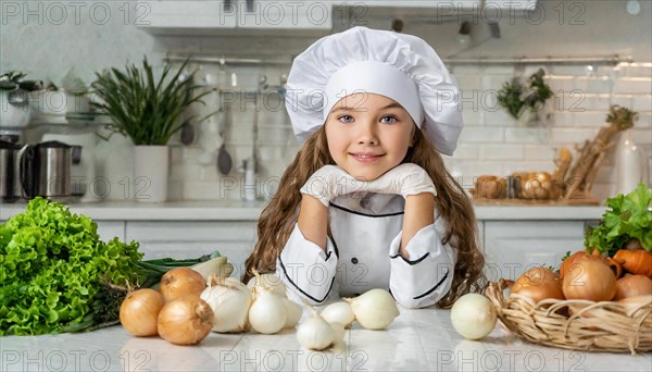 AI generated, human, humans, person, persons, child, children, 8 year old girl cutting onions in a white kitchen, chef hat, smock, cute, cute, beautiful eyes, beautiful teeth, cook, cook, kitchen table, vegetables, onions, garlic