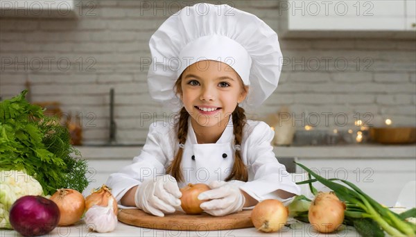 AI generated, human, humans, person, persons, child, children, 8 year old girl cutting onions in a white kitchen, chef hat, smock, cute, cute, beautiful eyes, beautiful teeth, cook, cook, kitchen table, vegetables, onions, garlic