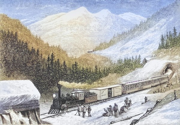 Steam train with US mail through the Sierra Nevada in the 1870s. From American Pictures Drawn With Pen And Pencil by Rev Samuel Manning c. 1880, United States, America, Historical, digitally restored reproduction from a 19th century original, Record date not stated, North America