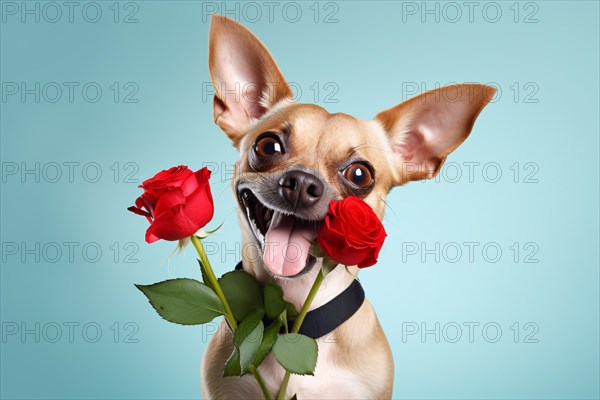 Funny dog with open mouth and red rose flowers on blue bakcground. KI generiert, generiert AI generated
