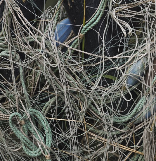 Synthetic cord and ropes in a pile, Hvide Sande, Region Midtjylland, Denmark, Europe