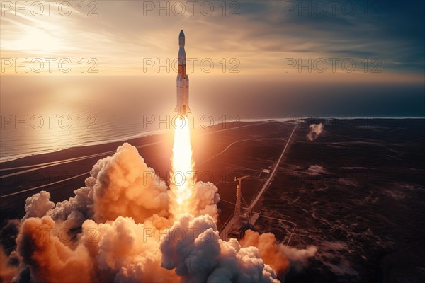 Aerial view of a rocket launch at sunrise sunset over an ocean coast. The rocket is blasting off with a trail of smoke and flames behind it, AI generated